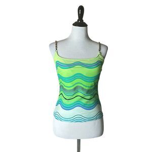 Gottex‎ Tankini Top Womens 10 Green Abstract Print Swimwear Retro Chain Straps